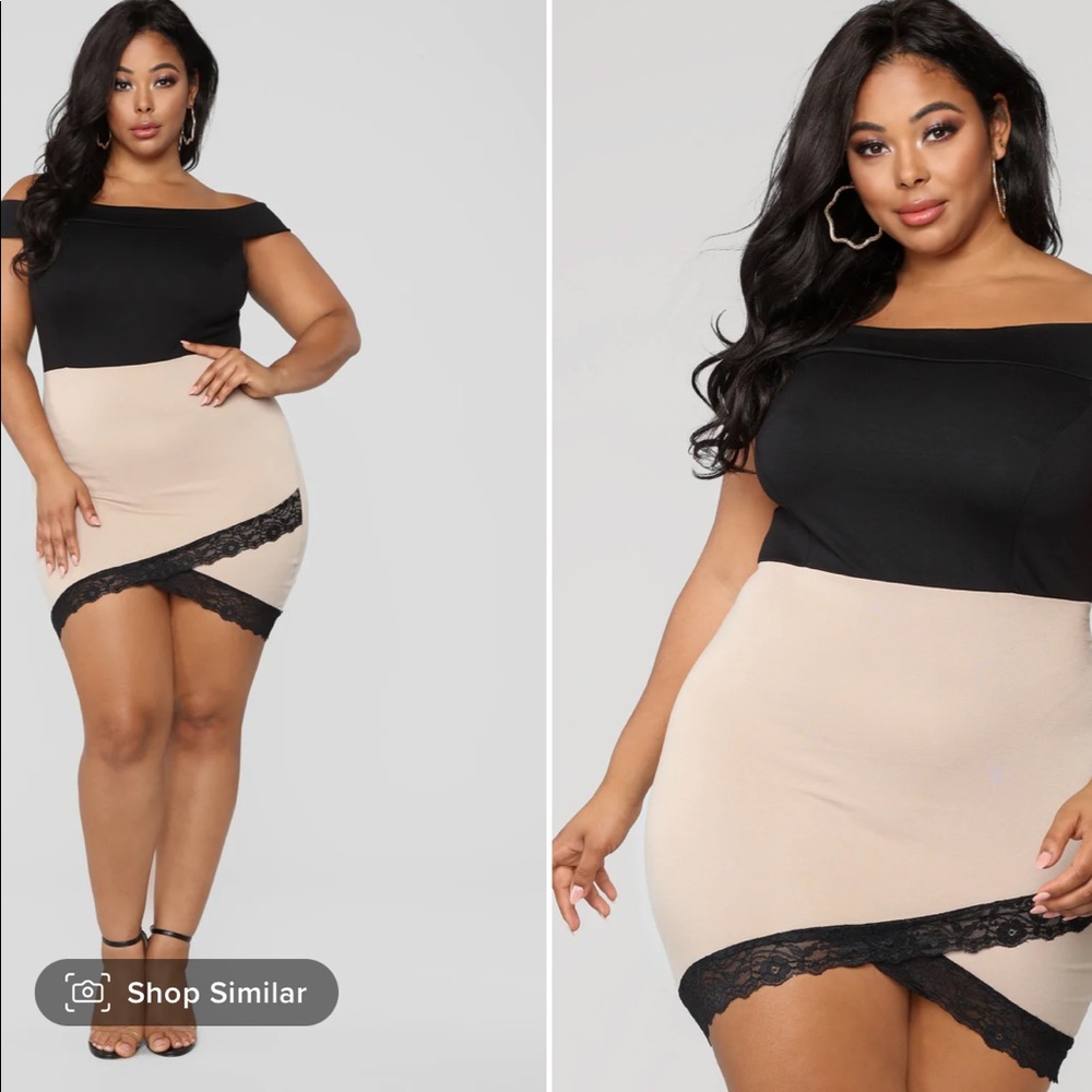 Fashion Nova “Fall For Your Type Dress” Beige/Black. Bottom has black lace.